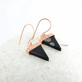 Unique Snowflake Obsidian 13x18mm Flat Triangle Gemstone Drop Earrings, Sterling Silver Rose Gold Plated Earrings, Halloween Gift Earrings